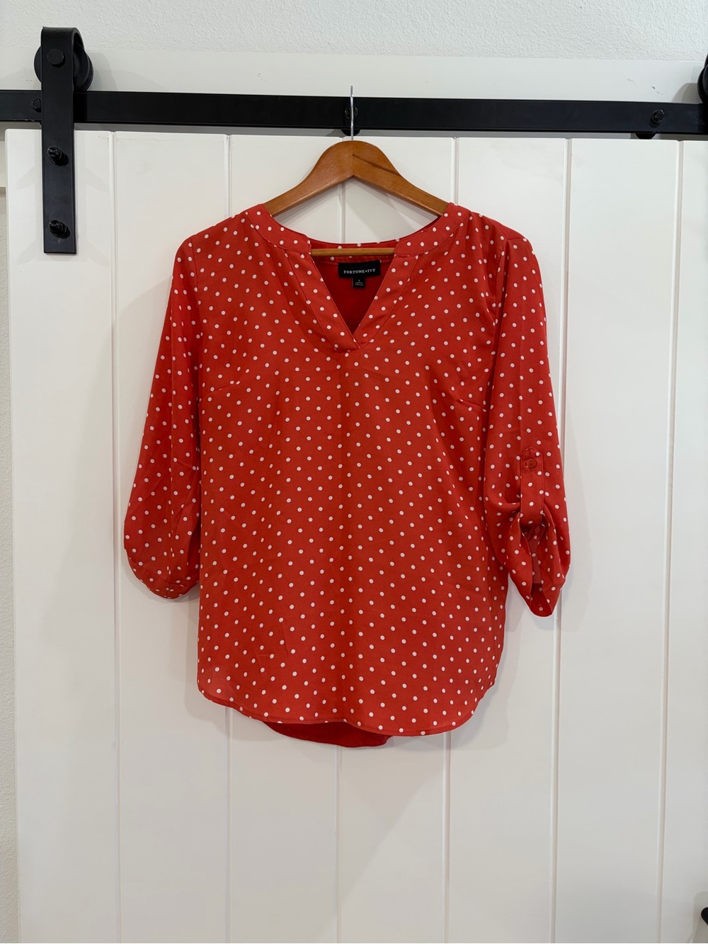 Polka Dot mixed material Split-Neck Blouse by Fortune + Ivy